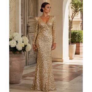 MAC DUGGAL Gold Sequin Beaded 12 NEW Formal Evening Gown Dress Event Gala Guest